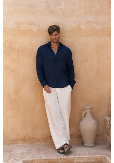 Mai Collection Mai Studios Co. Agnola Oversize Erkek Lacivert Keten Gömlek Lacivert