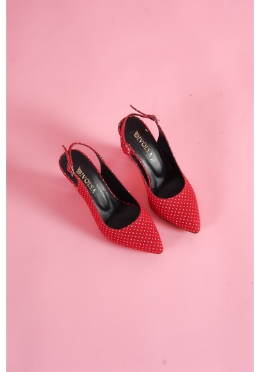 Rozalinda Kırmızı Puantiyeli Önü Sivri Günlük Kullanım Topuklu Ayakkabı Kırmızı