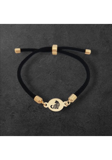 14 Ayar Altın Plakalı Oval Motifli İpek Örgülü Kedi Sembollü Hediye Bileklik-320sembol-siyah Altın