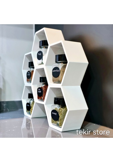 6'lı Baharatlık Takımı Ahşap Beyaz Standlı Petek Model Çift Yönlü Beyaz