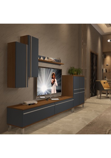 Decoraktiv Eko 6 Mdf Std Krom Ayaklı Tv Ünitesi Tv Sehpası Ceviz - Antrasit