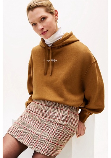 Kadın Rahat Kalıp Düşük Omuzlu Kapüşonlu Sweatshirt - Tarçın Highland Khaki