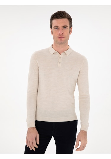 Cacharel Bej Slim Fit Yün Karışımlı Polo Yaka Basic Triko Kazak