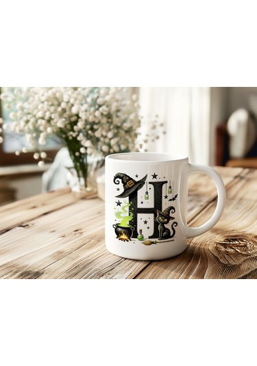 H Harfli Halloween Kedili Figür Kupa Bardak - Şapkalı Ve Kazanlı İsme Özel Kupa - Hediye 07 Beyaz