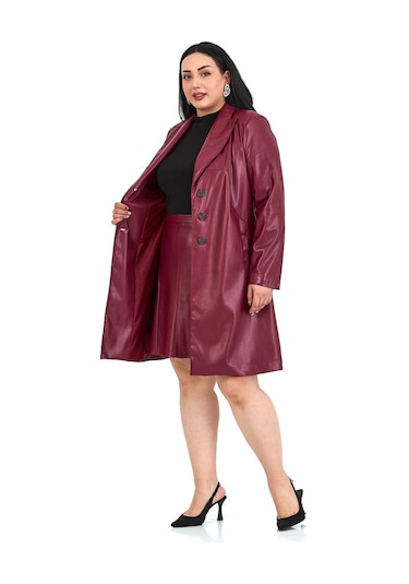 Büyük Beden Cepli Düğme Kapamalı Astarlı Suni Deri Bordo Kaban Bordo
