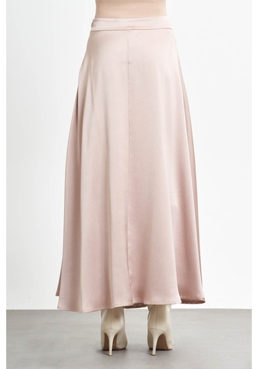 Önü Pileli Saten Bej Etek 001