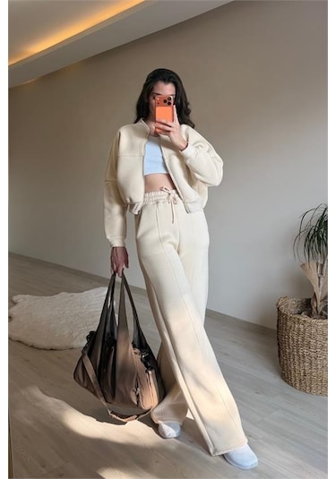 Neşeli Butik Kadın Oversize 3 İplik Cepli Eşofman Takımı Nm029 Bej