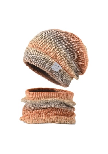 Kadın Kışlık Örgü Şapka Ve Snood Seti, Degrade Desenli Soğuk Hava İçin Sıcak Tutan Bere Atkı Takımı Turuncu