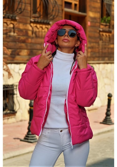 Kadın Fuşya Su Geçirmez Kapüşonlu Şişme Mont
