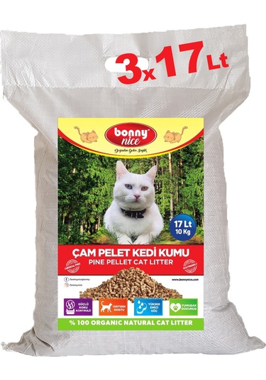 Bonny Nice Doğal Pellet Çam Peleti Kalın Kedi Kumu 3 x 17 L