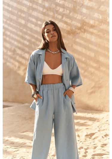 Baron Mavi Keten Gömlek Pantolon Takım mavi