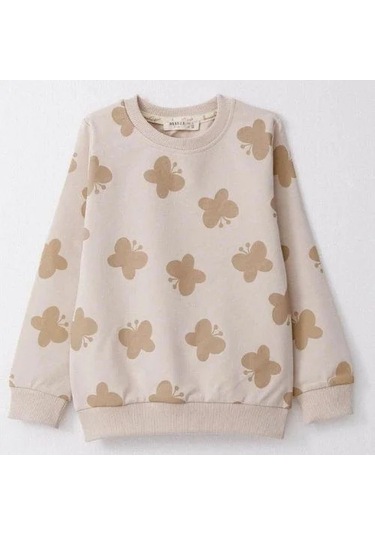 Kız Çocuk Kelebek Baskılı Pamuklu Eşofman Takım-14587 Bej