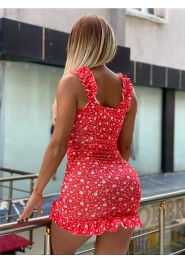 Pink Life Kırmızı Üzeri Beyaz Çiçek Desenli Askılı Büzgü Det-Kırmızı Üzeri Beyaz Çiçek