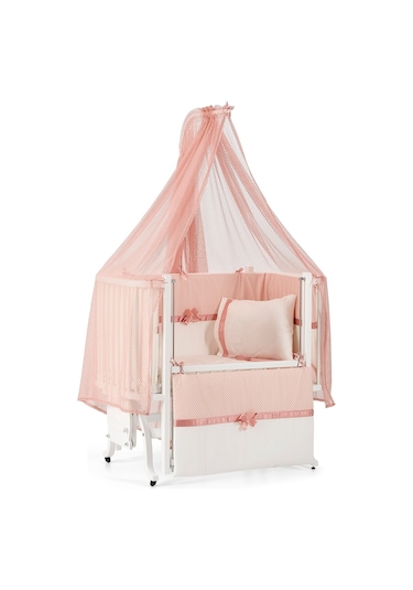 Meltem Kids Mood Sallanır Ahşap Anne Yanı Beşik - 50x90 CM ( Beyaz- Pembe ) Pembe