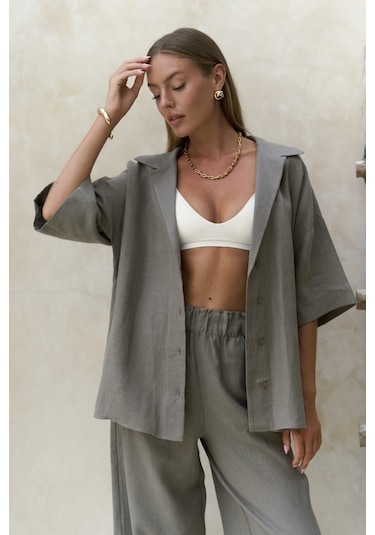 Mai Collection Baron Füme Keten Gömlek Pantolon Takım Füme