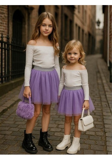 Kız Çocuk Beli Lastikli Tütü Etek-16227 Lila