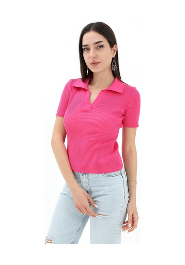 Polo Yakalı Kısa Kol Triko Kazak - Fuşya - Kadın Fuşya