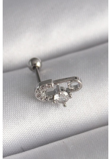 316l Çelik Gümüş Renk Zirkon Taşlı Toplu İğne Tragus Piercing - Prt3500eb02900-7963 Gümüş