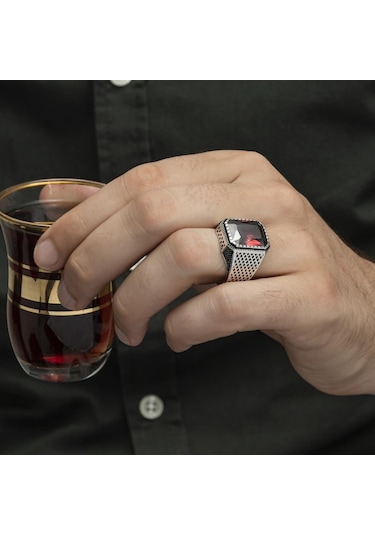 Kare Kırmızı Taşlı 925 Gümüş Erkek Yüzük