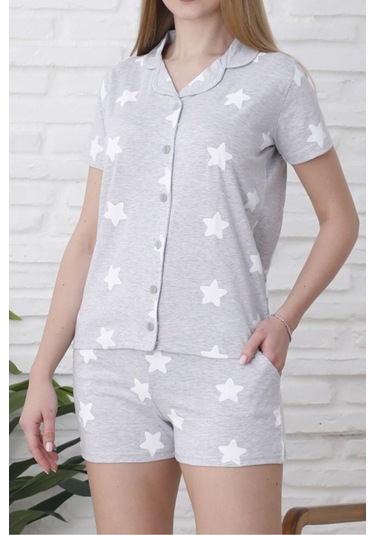 Kadın Şortlu Pijama Takımı Düğmeli Kısa Kollu Pamuklu Cepli Likralı Gri Gri