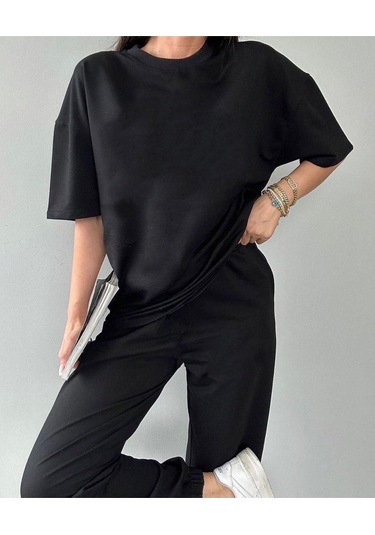 Basic T-shirt Eşofman Altı Jogger Siyah Düz Alt Üst Eşofman Takımı Oversize Bisiklet Yaka Siyah