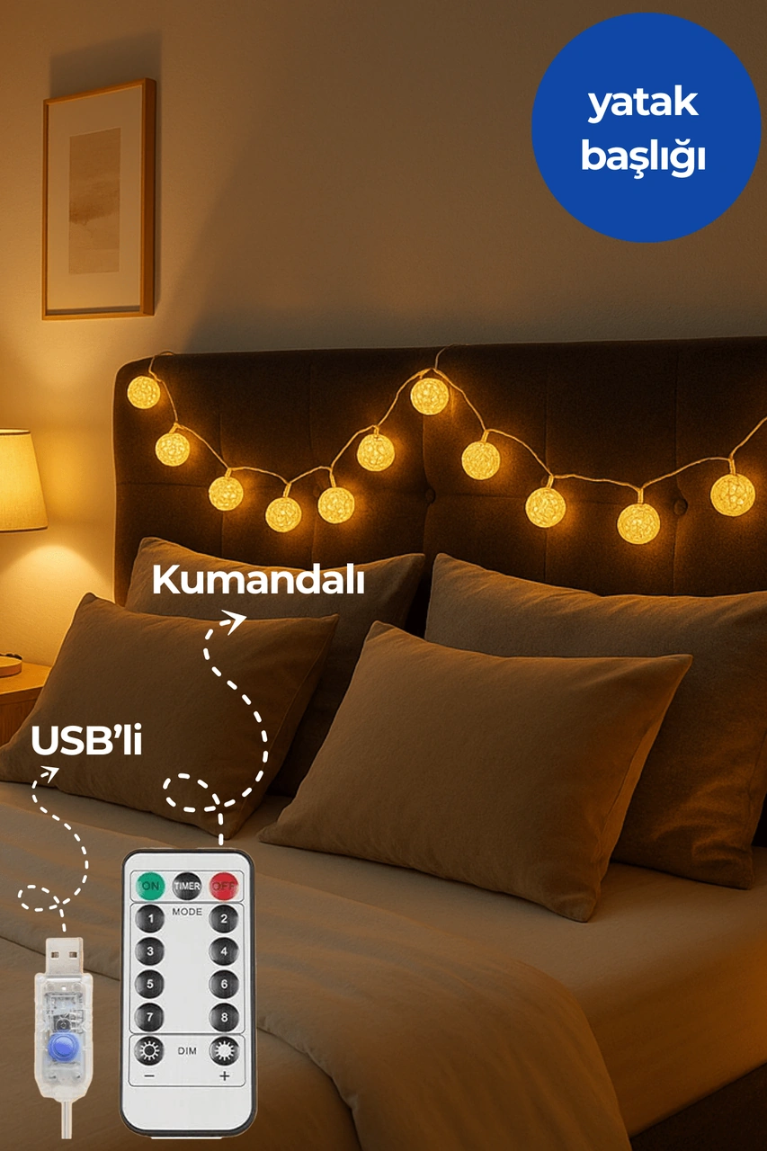 Technojet Dekoratif Rattan Top Led Işık, 20 Led, Usb + Kumanda, 8 Mod, 4mt