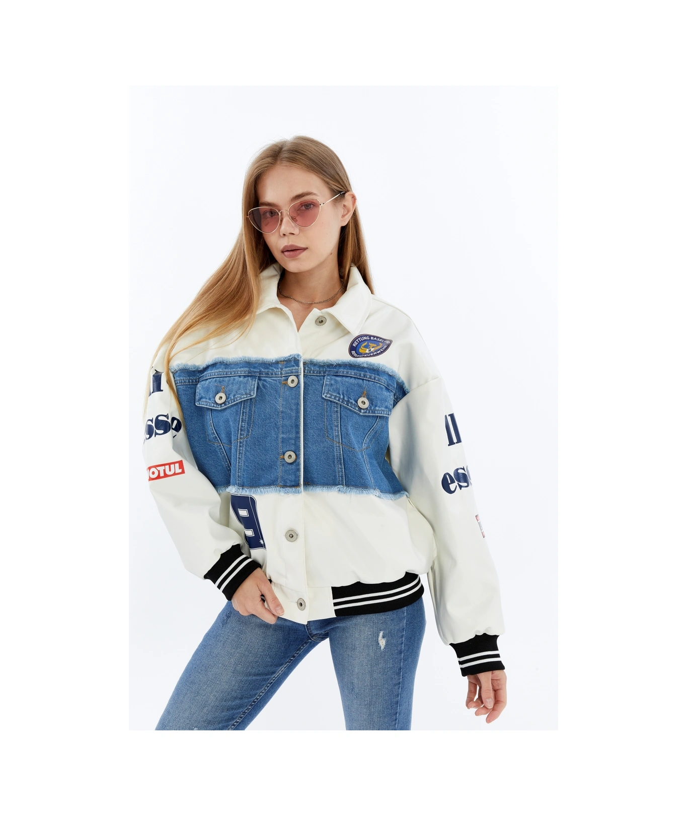 Kadın Oversize Deri Ve Kot Birleşimi Baskılı Kolej Mont Ribanalı Bomber Ceket Motorcu Yarışçı Mont Beyaz