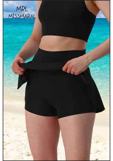 Mini Şort Etek Görünümü Etek Içi Şortlu Cepli Spor Tasarım Tenis Deniz Havuz Fitness Siyah1107 Siyah