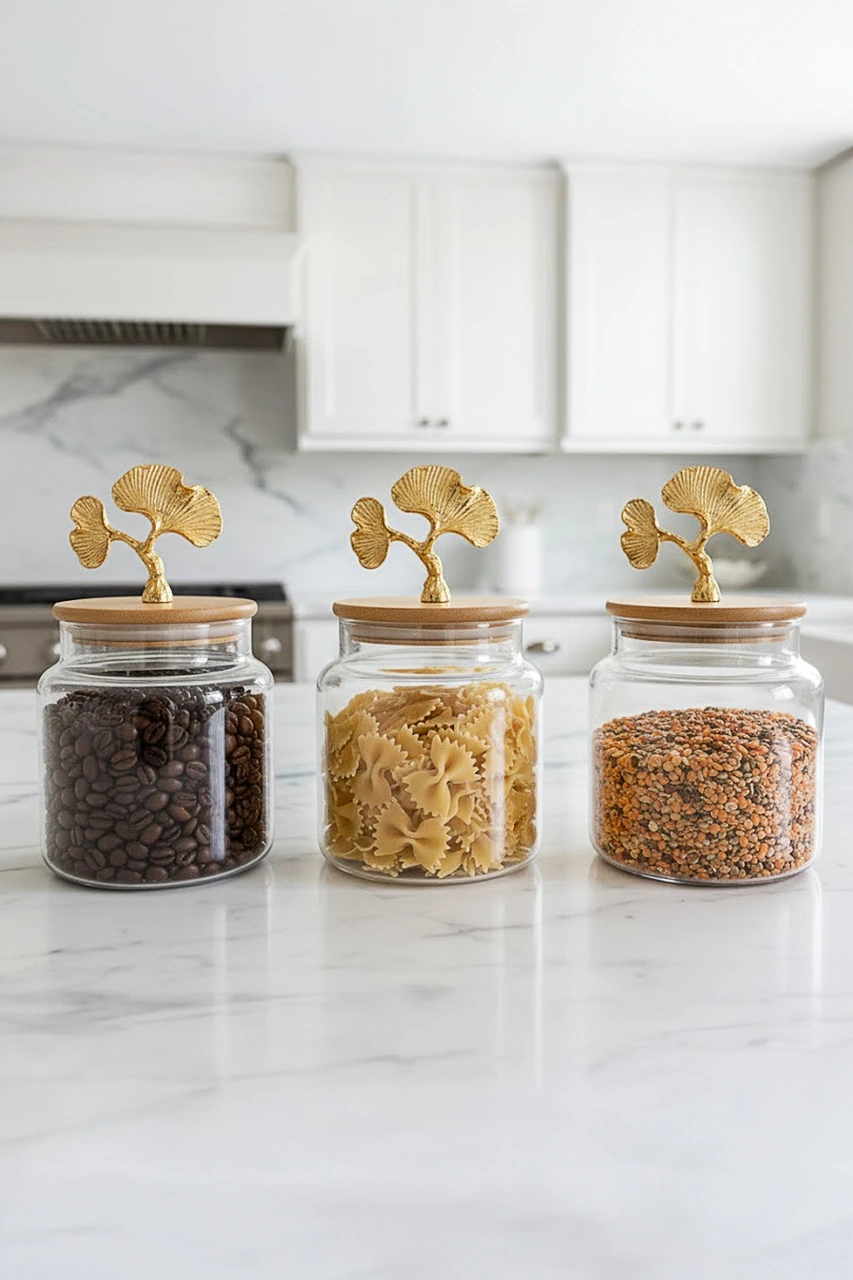 Altın Ginkgo Figürlü 3 Lü Cam Kavanoz Seti Bambu Kapaklı 635 Cc Saklama Kabı Şeffaf