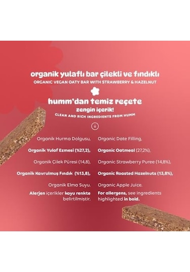 Organic Çilekli Fındıklı Yulaf Bar 27 Gr 27 G