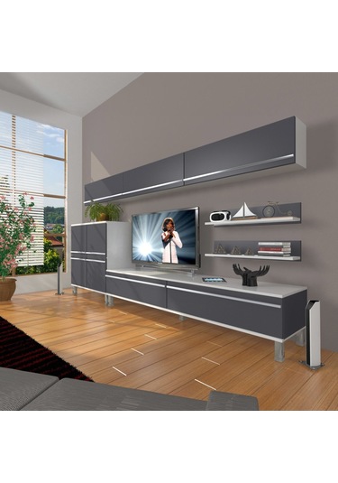Decoraktiv Eko 8 Mdf Std Krom Ayaklı Tv Ünitesi Tv Sehpası Beyaz - Antrasit