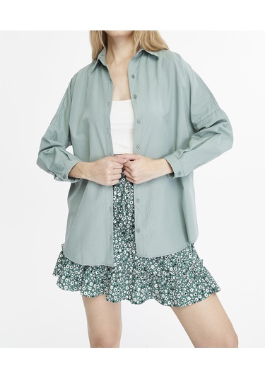 Kadın Oversize Uzun Basic Gömlek - Çağla Yeşili