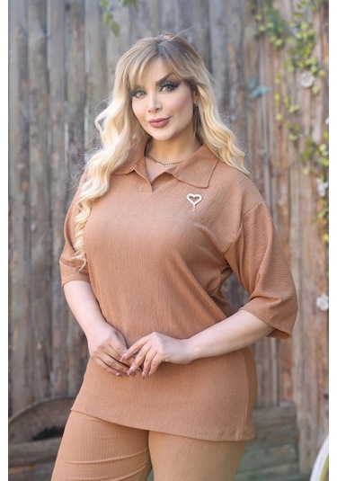 Kadın Günlük Patlı Gömlek Yaka Pantolon Takım Bürümcük Kumaş Camel