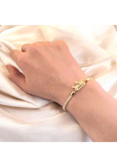 Archin Atatürk Temalı Hasır Kordonlu Taç Figürlü 14 Ayar Altın Plakalı Hediye Bileklik-464sembol Atatürk