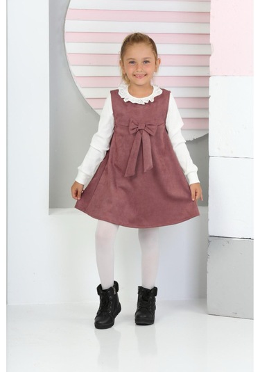 Kız Çocuk Süet Kumaş 2'li Elbise Elbise+bady Bluz 12177 Gülkurusu