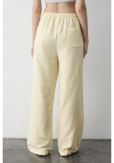Sarı Beli Lastikli Pamuklu Keten Pantolon Sarı