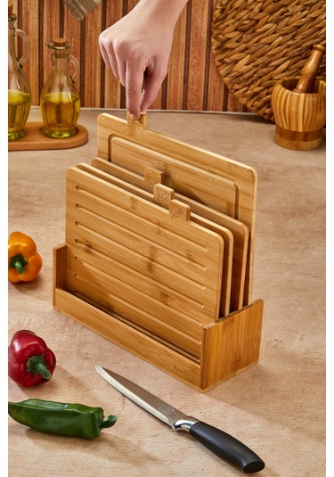 Cooker 5 Parça Standlı Fonksiyonel Bambu Kesim Tahtası Kahverengi