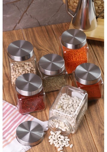 Metal Kapaklı 6'lı Borosilikat Cam Kavanoz Baharatlık 820 ML + 570 ML