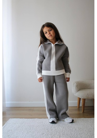 Kız Çocuk 3 İplik Şardonlu Beyaz Şeritli Alt Üst Takım Yaka Yarım Fermuarlı Gri