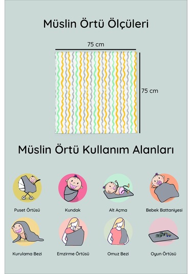 Dijital Baskılı 6lı Çok Amaçlı Müslin Örtü Seti - 75 x 75 Çok Renkli