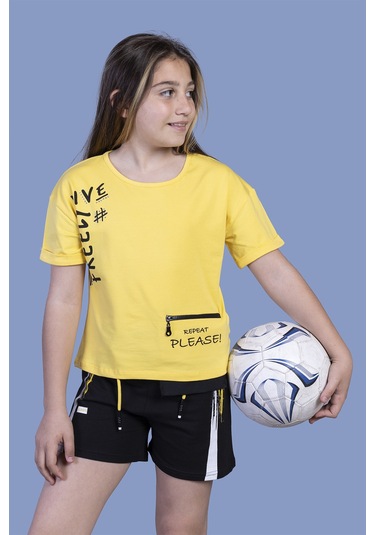 Toontoy Kız Çocuk Cep Detaylı Baskılı Şortlu Takım Sarı