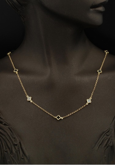 Bilezikci Siyah Beyaz Yoncalı 14 Ayar Altın Set