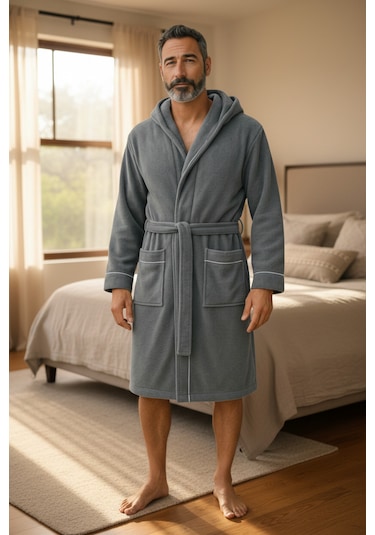 % 100 Pamuklu Laodikeia Kapşonlu Unisex Kadın Erkek Bornoz Gri
