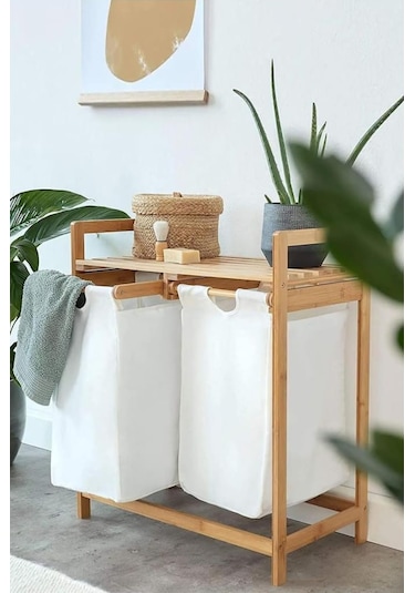Digithome Bambu 2 Bölmeli Kirli Sepetli Çamaşır Sepeti Raflı Banyo Düzenleyici Db-0007 Ahşap