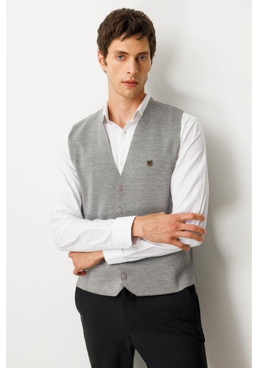 Erkek V Yaka Düz Yün Yelek A.gri A.gri