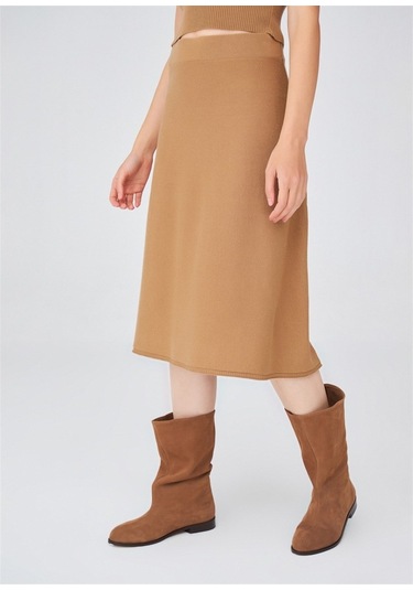 Peraluna Kloş Kesim Kaşmir Karışım Diz Altı Triko Etek Camel Camel