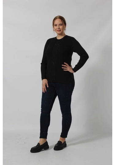 Taş İşleme Detaylı Çizgi Örgü Desenli Kazak Siyah