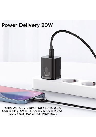 Baseus Super Si 20 W PD Type-C Hızlı Şarj Adaptörü Siyah