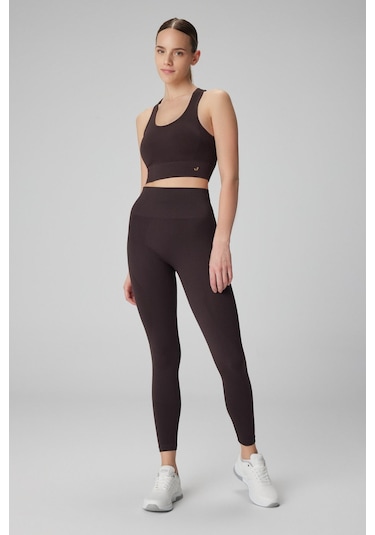 Jerf Gela Yüksek Bel Esnek ve Toparlayıcı Kadın Spor Tayt - Acı Kahve