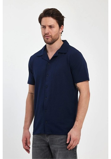 Erkek Rahat Kalıp Ottoman Kumaş Nefes Alabilen Pamuklu Apaş Yaka Gömlek Lacivert